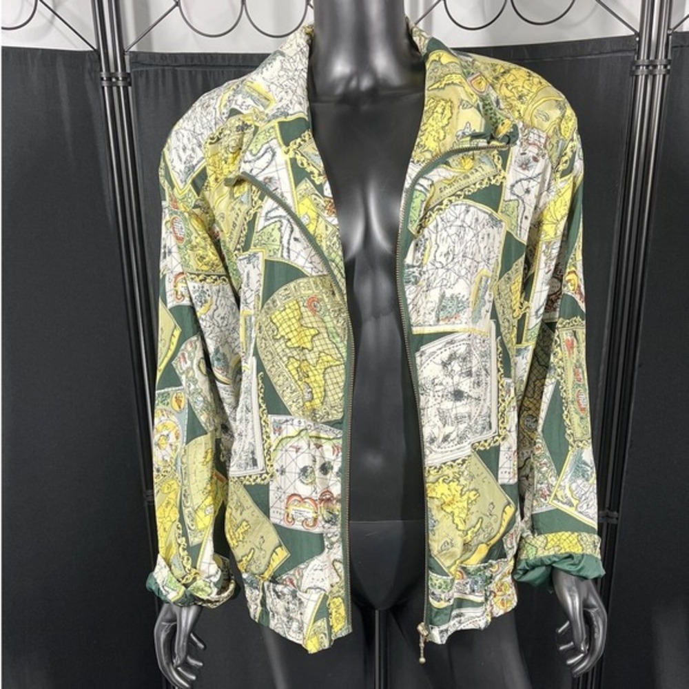 River Edge‎ Silk Bomber Jacket Vintage Map Print Full Zip Lightweight M